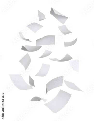 White papers floating in the air against a dark background, concept of paperwork, data, and freedom