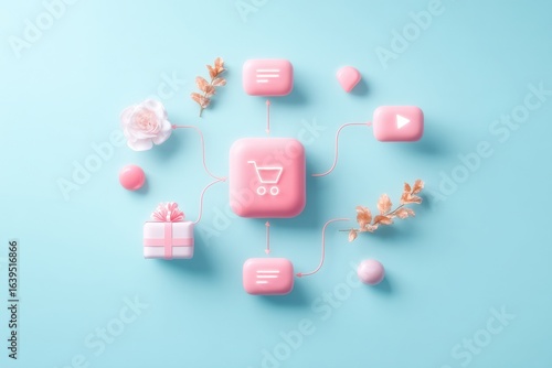 A visually appealing arrangement of pink digital icons and decorations on a blue background, symbolizing online shopping and social interaction.