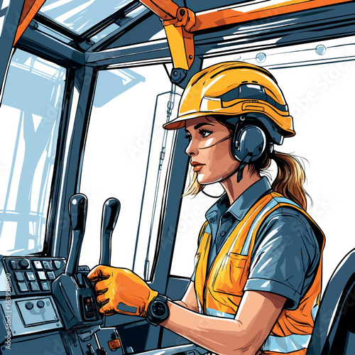 Female crane operator sketch with helmet and vest. Hand-drawn heavy equipment worker vector isolated on white.