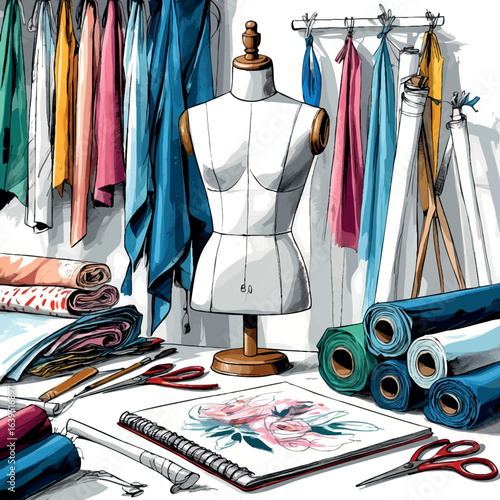 Fashion studio sketch with mannequin and tools. Hand-drawn creative workspace vector isolated on white.
