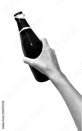 Human hand in dotted pop art style holding a glass bottle of beer isolated on transparent background. Collage design vector element for beer festival, Octoberfest or St. Patrick Day poster, banner 