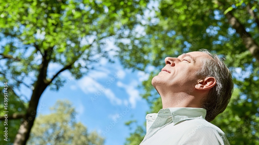 A Man Gazing Up at Nature, Sunlight, Tree Leaves & Blue Sky, Relaxation and Healing Scene A Man Gazing Up at Nature, Sunlight, Tree Leaves & Blue Sky, Relaxation and Healing Scene