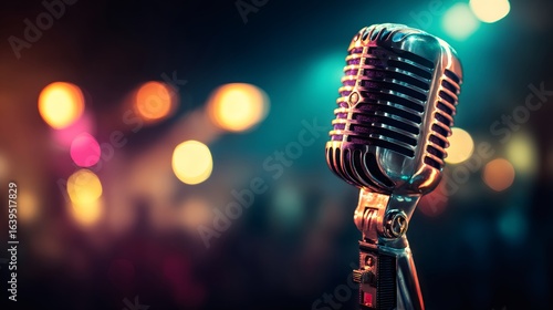Vintage silver microphone in the foreground with colorful bokeh lights in the background. Concert stage for live music performance.