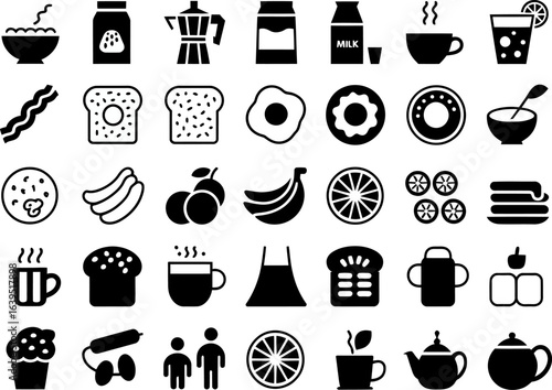Black Silhouette Breakfast Food Icons Set - Culinary and Kitchen Vector Graphics