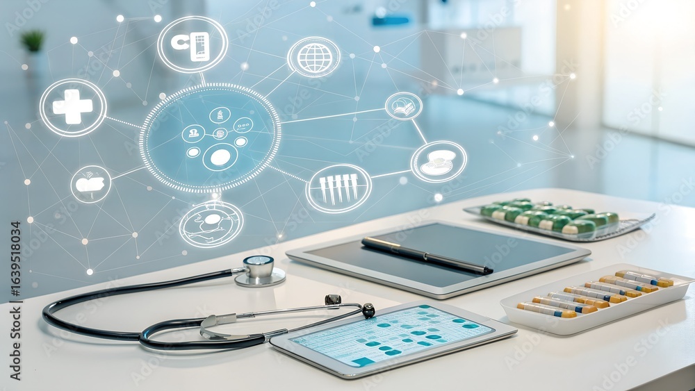Medical equipment and digital tablet on a white desk for healthcare solutions Medical equipment and digital tablet on a white desk for healthcare solutions