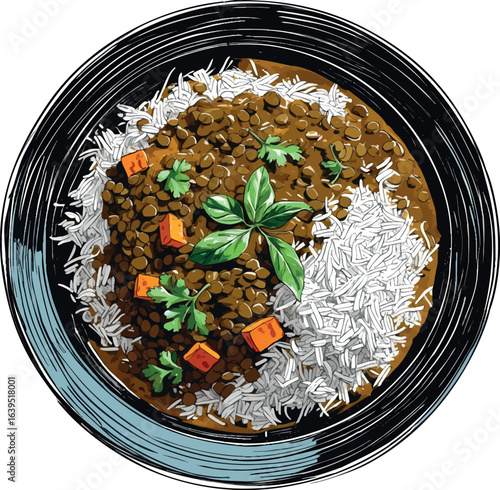 Vegan lentil curry with rice hand-drawn sketch. Rustic food illustration with crosshatching technique, earthy colors vector design isolated on white background.