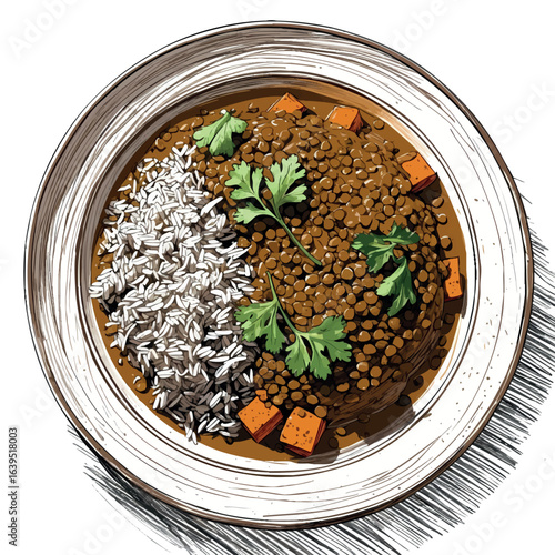 Vegan lentil curry with rice hand-drawn sketch. Rustic food illustration with crosshatching technique, earthy colors vector design isolated on white background.