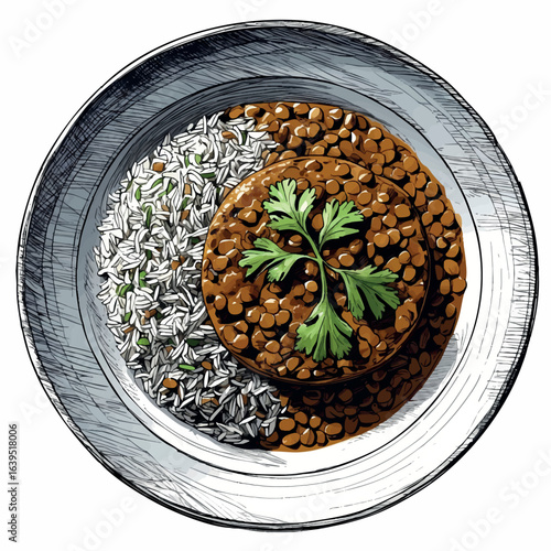 Vegan lentil curry with rice hand-drawn sketch. Rustic food illustration with crosshatching technique, earthy colors vector design isolated on white background.