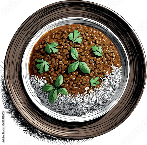 Vegan lentil curry with rice hand-drawn sketch. Rustic food illustration with crosshatching technique, earthy colors vector design isolated on white background.