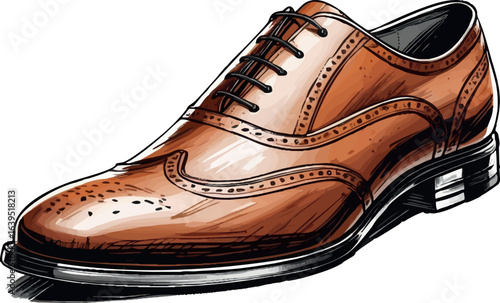 Men's Oxford Shoe Sketch. Classic Formal Footwear With Detailed Leather Texture Illustration