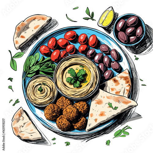Mediterranean vegan platter sketch illustration. Casual line drawing of hummus, falafel, olives and pita bread, vector design isolated on white background.