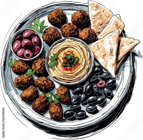 Mediterranean vegan platter sketch illustration. Casual line drawing of hummus, falafel, olives and pita bread, vector design isolated on white background.