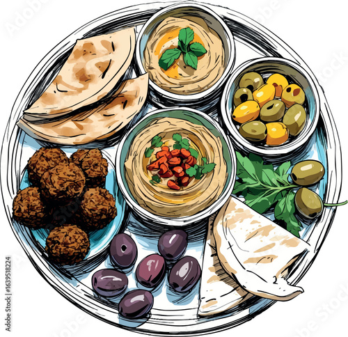 Mediterranean vegan platter sketch illustration. Casual line drawing of hummus, falafel, olives and pita bread, vector design isolated on white background.
