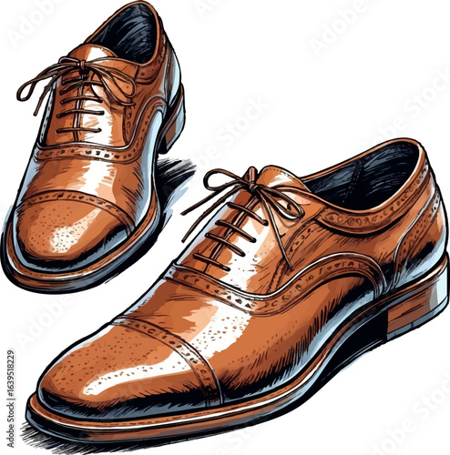 Men's Oxford Shoe Sketch. Classic Formal Footwear With Detailed Leather Texture Illustration