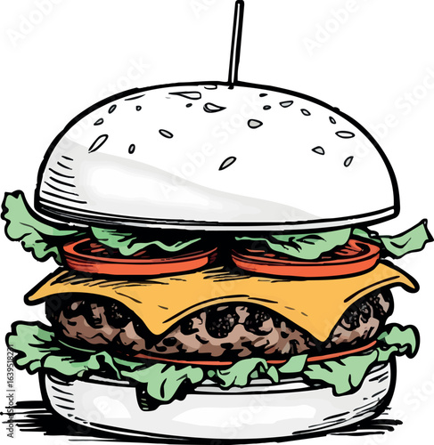 Minimalist burger sketch illustration with beef patty and toppings. Simple clean line art of gourmet fast food, vector design isolated on white background.