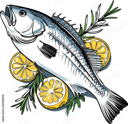 Minimalist grilled whole sea bass sketch with rosemary and lemon. Clean line art of Mediterranean cuisine dish, vector illustration isolated on white background.