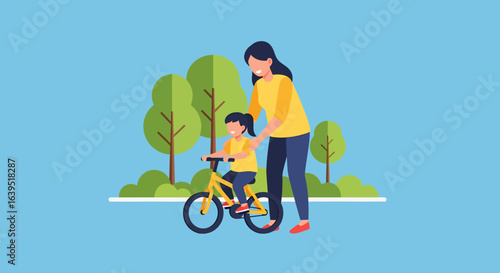 Mother Guiding Daughter on a Bike in a Park Setting