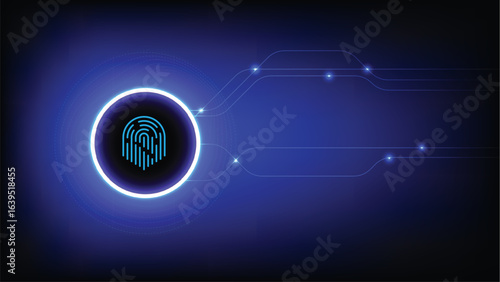 Digital fingerprint icon glowing in circular design, set against dark blue background with abstract lines and lights, symbolizing security and technology