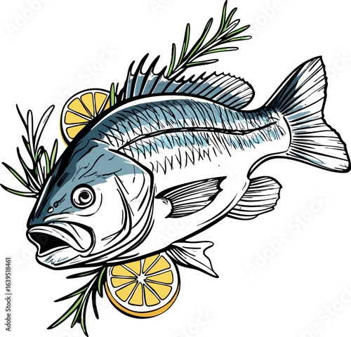 Minimalist grilled whole sea bass sketch with rosemary and lemon. Clean line art of Mediterranean cuisine dish, vector illustration isolated on white background.