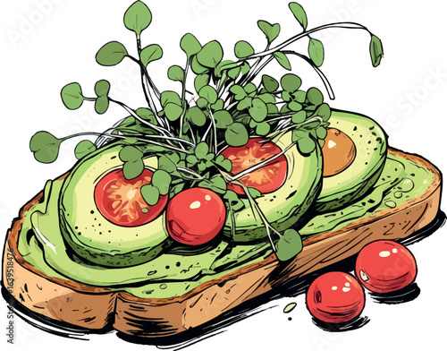 Minimalist avocado toast sketch illustration. Simple vegan breakfast drawing with microgreens and tomatoes, black ink style isolated on white background.