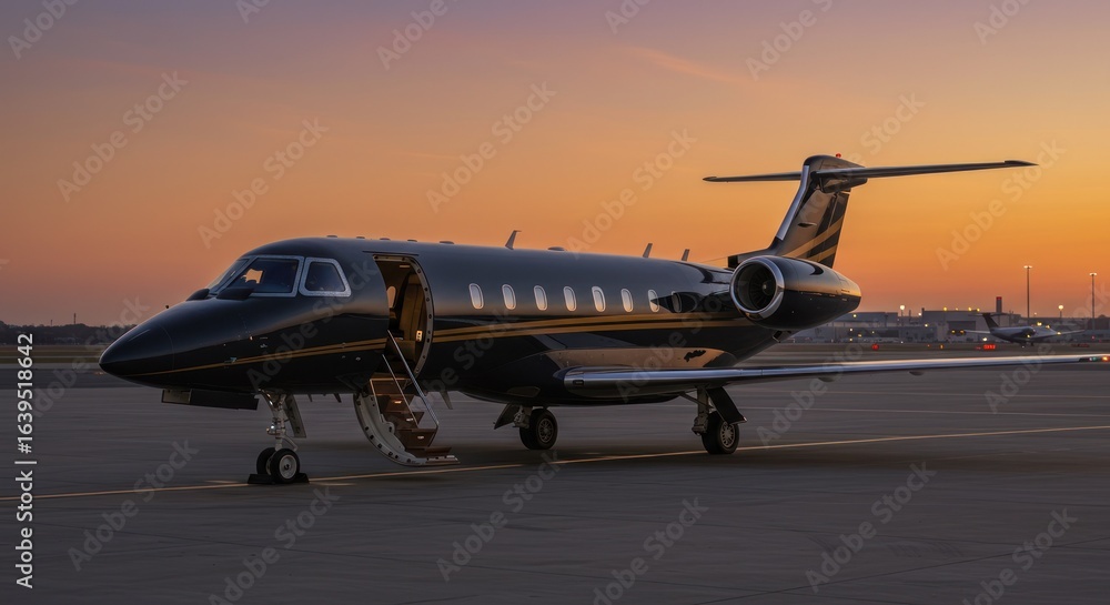 Naklejka premium Private Jet on Runway at Sunset Golden Hour