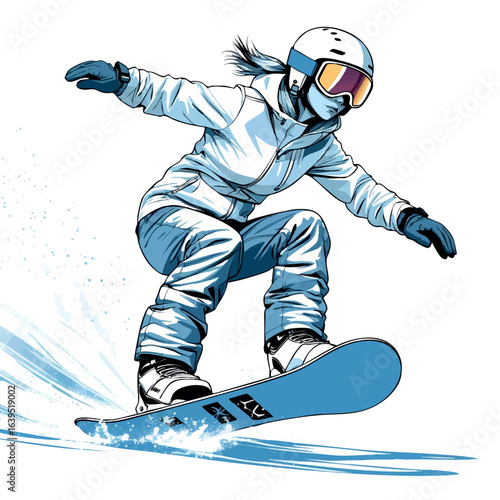 Female snowboarder sketch with helmet and goggles. Hand-drawn winter sport vector isolated on white.