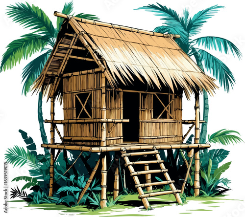 Tropical jungle hut sketch with palm roof. Hand-drawn rainforest home vector isolated on white.