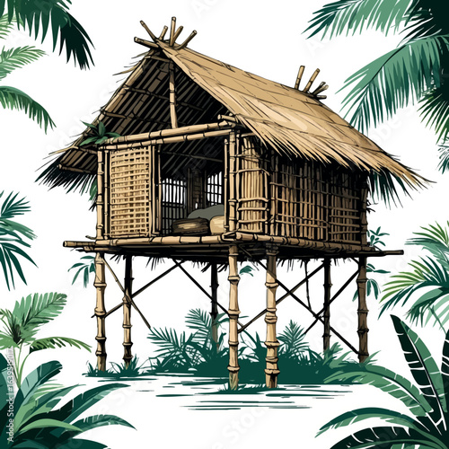 Tropical jungle hut sketch with palm roof. Hand-drawn rainforest home vector isolated on white.