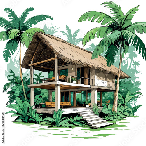 Rainforest eco-lodge sketch with thatched roof. Hand-drawn tropical climate home vector isolated on white.