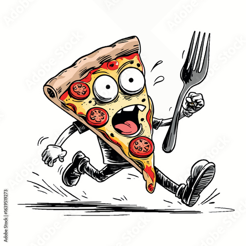 Pizza slice running from fork sketch. Funny cartoon food vector isolated on white.