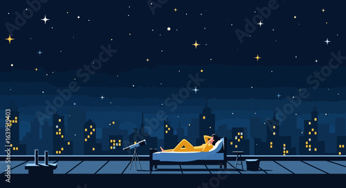 Observing the Night Sky: A Person Relaxing on a Rooftop Bed