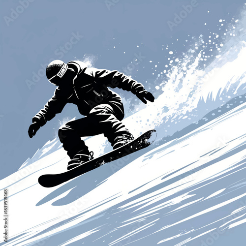 Snowboarder sliding pose sketch on snow. Hand-drawn winter scene vector isolated on white.