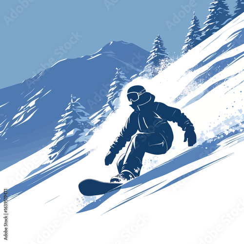 Snowboarder sliding pose sketch on snow. Hand-drawn winter scene vector isolated on white.