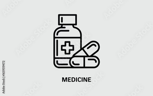 A minimalist line art illustration of medical items on a white background.  