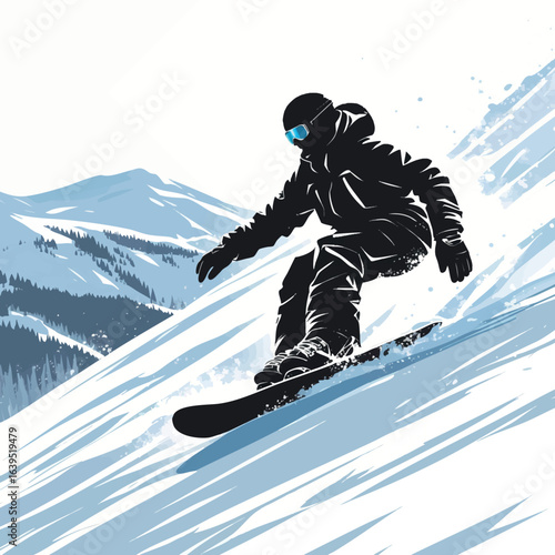 Snowboarder sliding pose sketch on snow. Hand-drawn winter scene vector isolated on white.