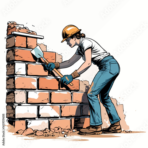 Female bricklayer sketch with trowel. Hand-drawn construction scene vector isolated on white.