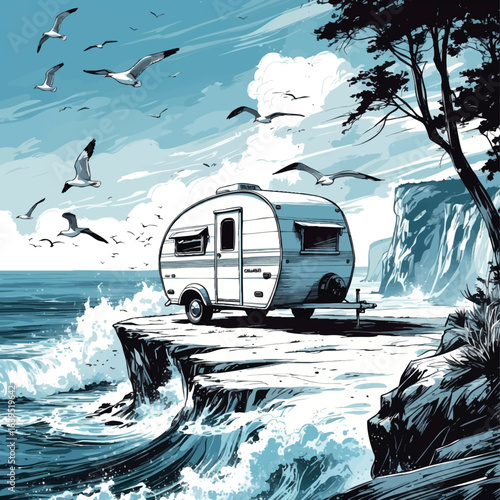 Camper by ocean cliff sketch with seagulls. Hand-drawn coastal travel vector isolated on white.
