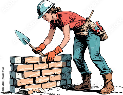 Female bricklayer sketch with trowel. Hand-drawn construction scene vector isolated on white.