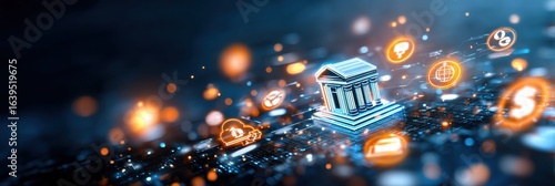 A digital illustration depicting a stylized building surrounded by glowing icons, representing technology and financial services.