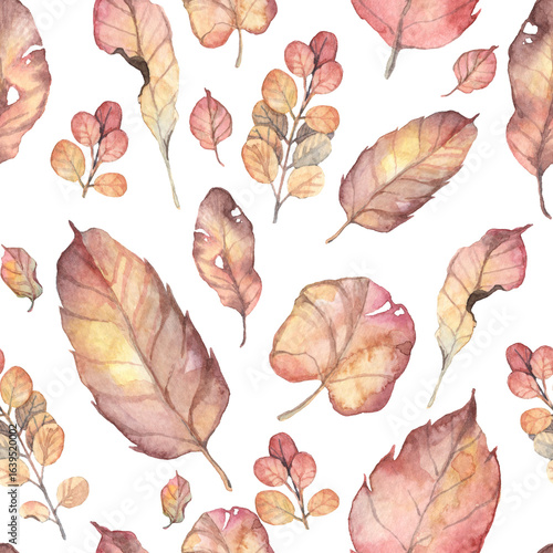 Square seamless pattern with realistic autumn herbarium leaves - detailed watercolor botanical wallpapers and wrapping paper design. Hand painted various leaves and twigs, withered golden colored