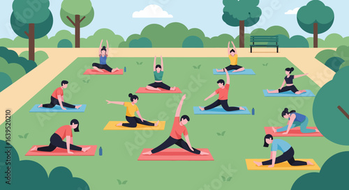 Outdoor yoga class with diverse participants stretching on colorful mats in a park