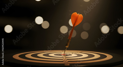 An orange dart in mid-air, about to hit the bullseye of a target. Concept of aiming for a goal, business objective, marketing strategy, and achieving success with focus and ambition.