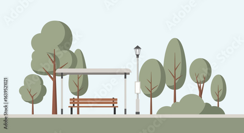 Peaceful Park Bus Stop Scene with Lush Trees