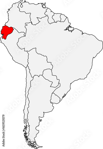 Map of South America highlighting Ecuador. Ideal for geographic studies, ecotourism projects, or content about the Galapagos Islands and Andes Mountains.