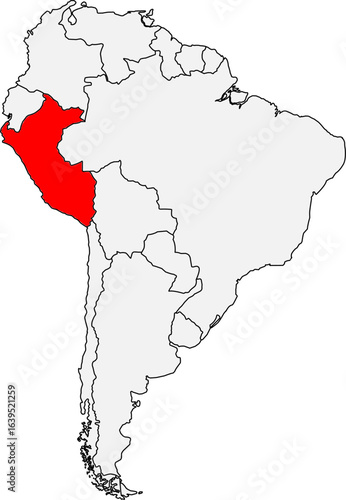 Map of South America highlighting Peru. Ideal for geographic studies, travel guides, or projects related to its ancient history and diverse landscapes.
