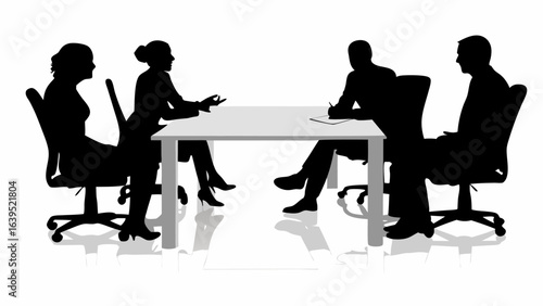 Silhouetted figures of four individuals seated around a table in a meeting or discussion setting indoors | editable eps vectors