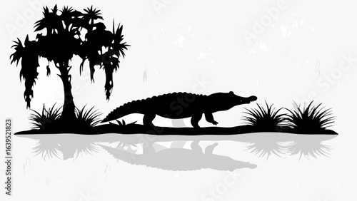 Silhouette of alligator walking near a tree with spanish moss and tall grass in the swampy wetlands | editable eps vectors