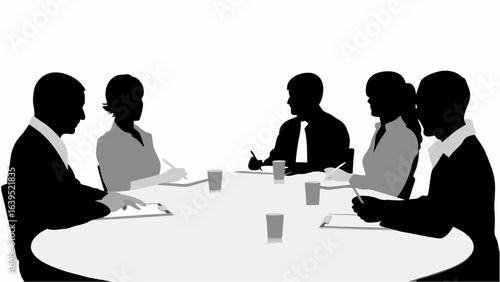 Wallpaper Mural Silhouettes of business people sitting around a table in a meeting with cups and papers present at the table | editable eps vectors Torontodigital.ca
