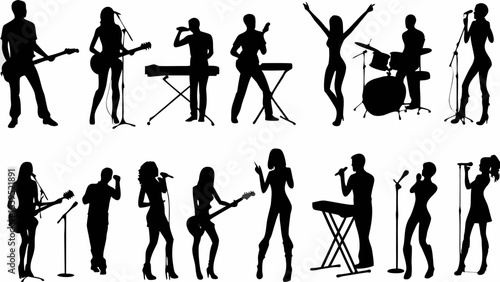 Silhouette illustration of a musical band performing with instruments and vocalists on a white background | editable eps vectors