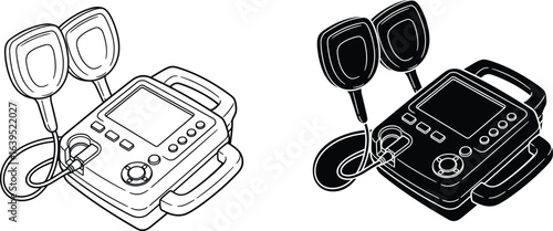 Portable defibrillator in detailed line drawing and silhouette